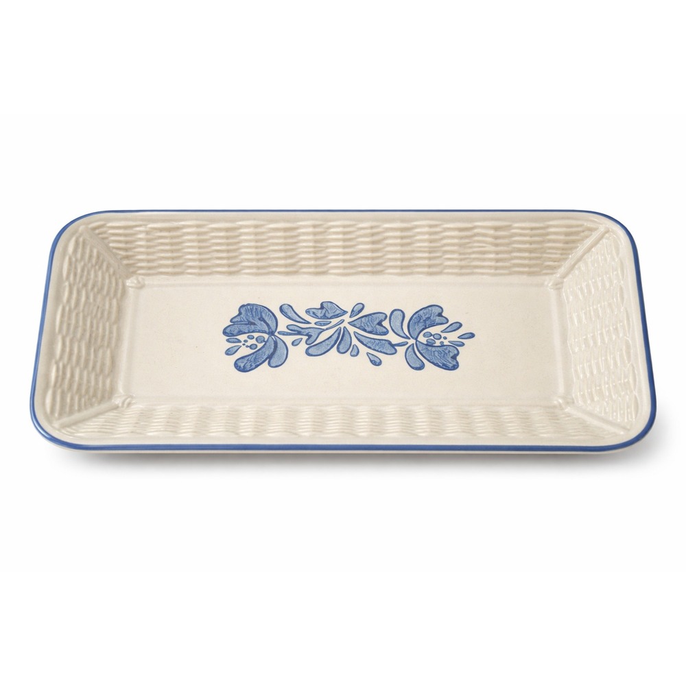 Pfaltzgraff Blue Floral Stoneware Tray Basketweave Rectangular USA